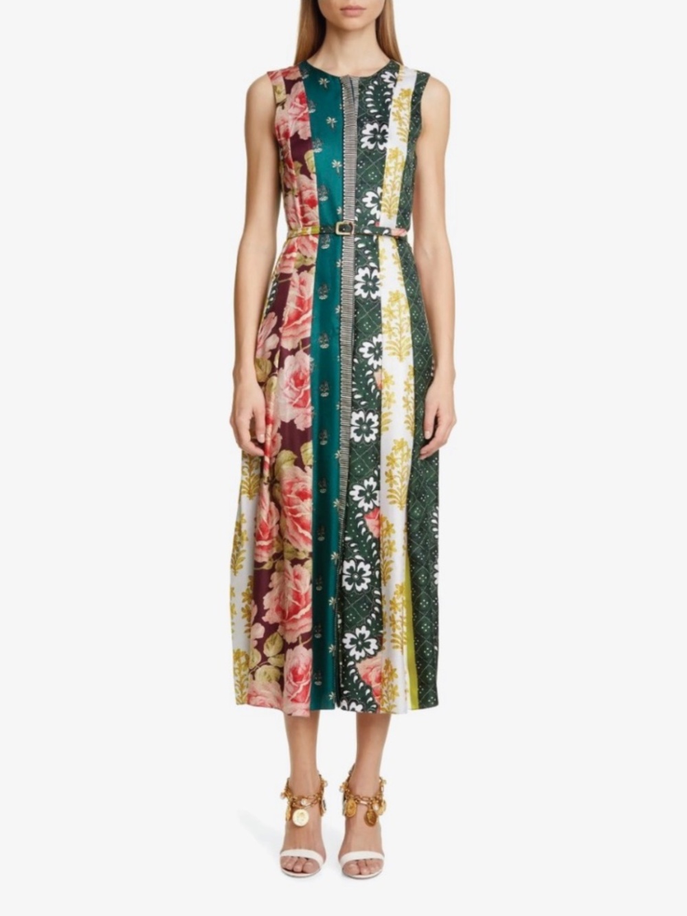 NWOT Oscar de la Renta Belted Patchwork Stripe 100% Silk Midi Dress in size 12